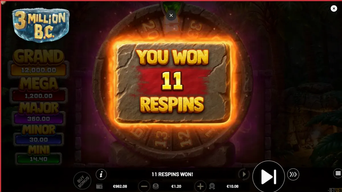 3 Million B.C. slot game interface featuring prehistoric theme and bonus wheel