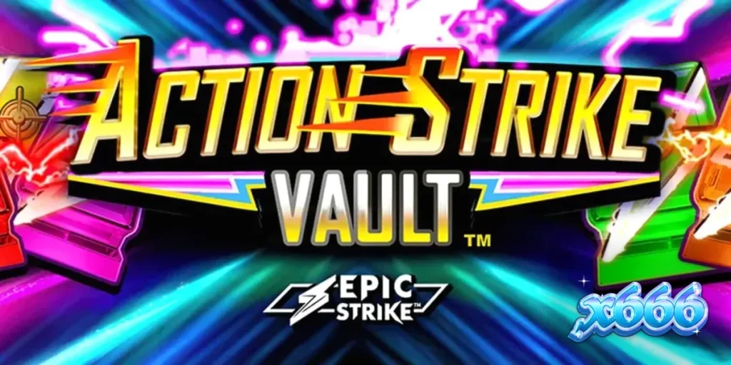 Action Strike Vault موبائل اسکرین پر چلتا ہوا، جس میں نیون لائٹس اور خلائی تھیم نمایاں ہے۔
