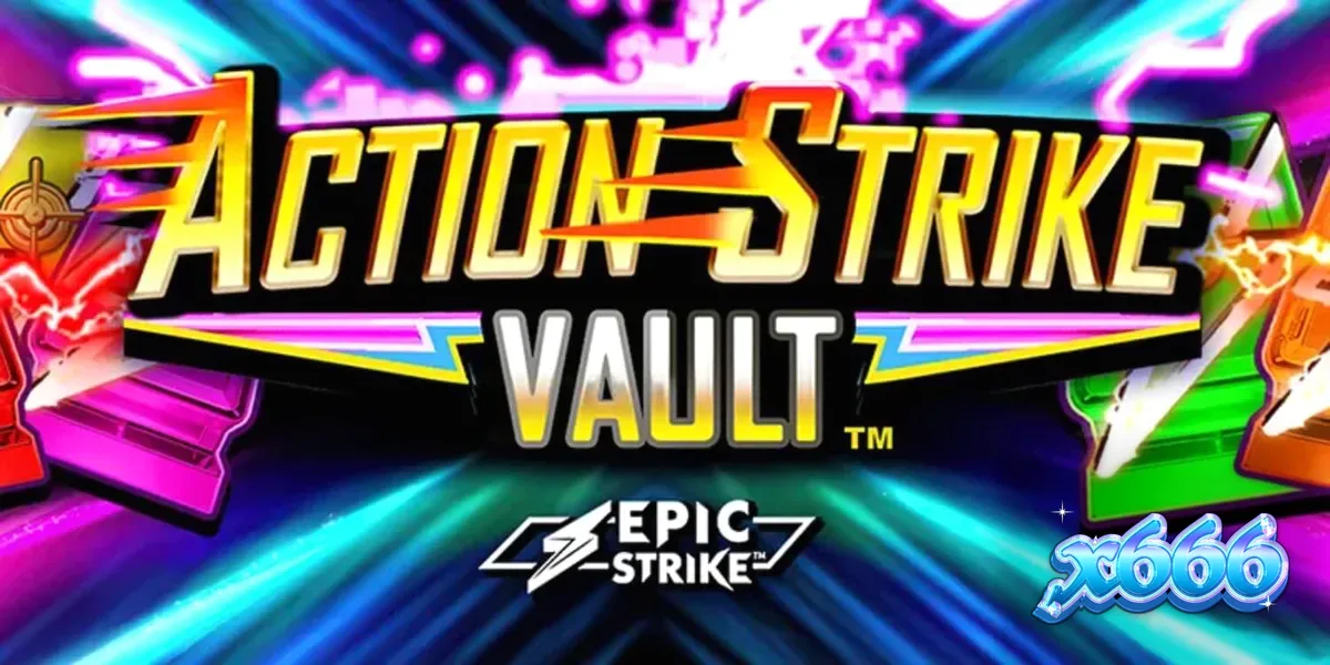Action Strike Vault موبائل اسکرین پر چلتا ہوا، جس میں نیون لائٹس اور خلائی تھیم نمایاں ہے۔